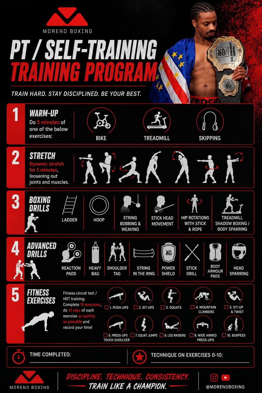 Moreno Boxing PT and self-training program infographic showing warm-up, stretching, boxing drills, advanced drills, and fitness exercises